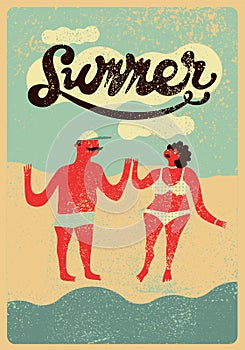 Summer typographic grunge vintage poster design with cartoon couple. Funny stylized man and woman in swimsuit. Retro vector illust